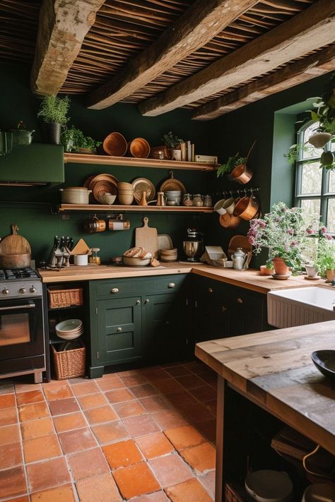 Rustic Dark Green Kitchen, Earthy Home Kitchen, Green Tile Floor Kitchen, Farmhouse Bathroom Floor Ideas, Moody Farmhouse Kitchen, Earthy Kitchen Decor, Farmhouse Bathroom Floor, Giant Greenhouse, Green Farmhouse Kitchen