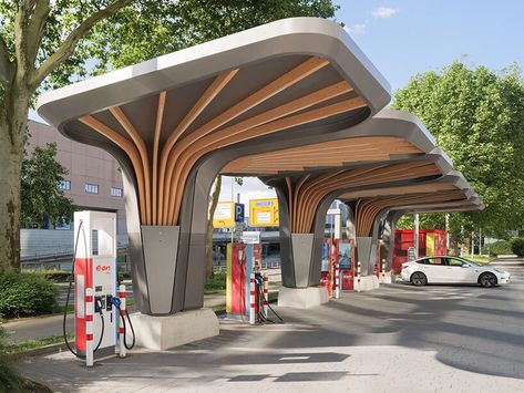 Ev Charging Station Design Architecture, Car Charging Station Ideas, Gas Station Design, Electric Station, Fuel Station, Electric Charging Stations, Car Charging Stations, Car Station, Photovoltaic System