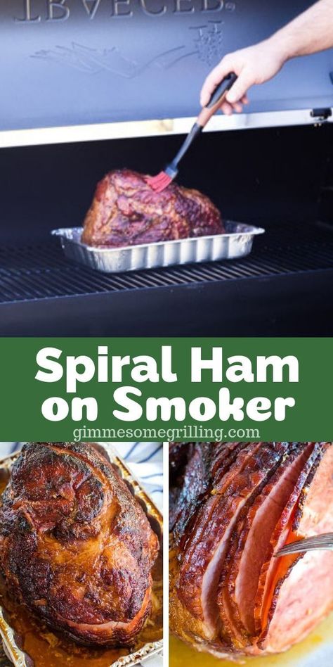 A delicious spiral ham that is double smoked and brushed with a glaze and perfect for the holidays! Make this for dinner! #dinner #recipe Spiral Ham On Pellet Smoker, Smoked Spiral Ham, Cooking Spiral Ham, Smoker Grill Recipes, Smoked Ham Recipe, Smoker Recipes Electric, Traeger Cooking, Pellet Smoker Recipes, Spiral Sliced Ham