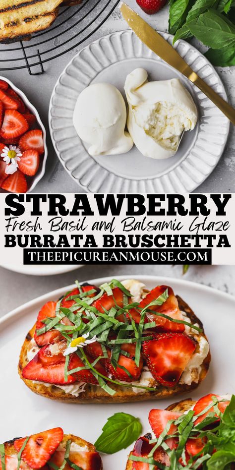 Sweet, strawberries with rich, creamy burrata and a balsamic reduction make these strawberry burrata bruschetta the perfect mix of sweet and savory. This tasty appetizer is elegant enough for a cocktail party but simple enough to bring to your next summer picnic. Buratta Appetizer Cold, Fancy Picnic Food Ideas, Strawberry Appetizer, Summer Picnic Desserts, Bruschetta Appetizers, Strawberry Appetizers, Burrata Bruschetta, Strawberry Bruschetta, Picnic Desserts