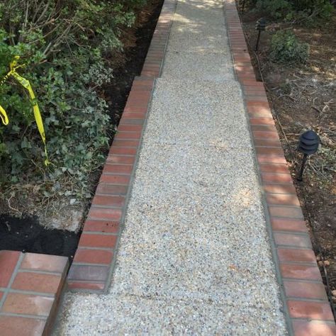 Exposed Aggregate Driveway With Brick Border, Concrete And Brick Steps, Front Steps Ideas Brick, Exposed Aggregate Driveway, Aggregate Patio, Concrete Front Steps, Exterior Stair Railing, Concrete Front Porch, Brick Border