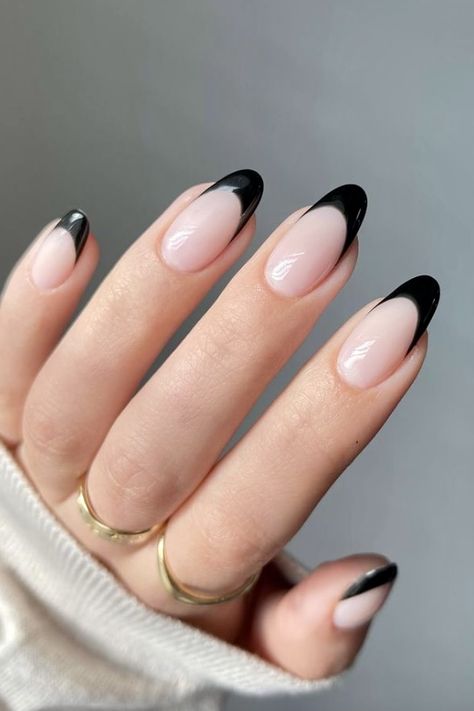 Oval Acrylic Nails, Black And White Nail, Black French Nails, Black French Tip, Space Nails, Her Nails, Black Nail Designs, Tip Nails, Black French