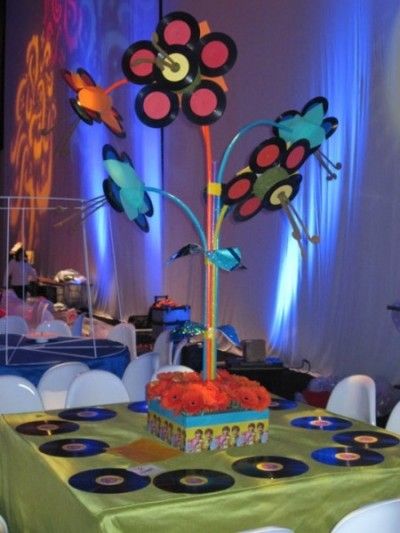 mindy weiss beatles centerpiece Record Party, Bat Mitzvah Centerpieces, Bar Mitzvah Centerpieces, Beatles Party, 80's Theme, Mindy Weiss, Music Themed Wedding, 80's Party, 80s Theme Party