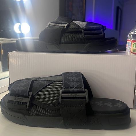 BLACK KAPPA SLIDES UNISEX BRAND NEW Black Kappa Slides, Kappa Slides Outfit, Kappa Slides, Kappa Shoes, Slides Outfit, Summer 25, Swag Shoes, Slides, Brand New