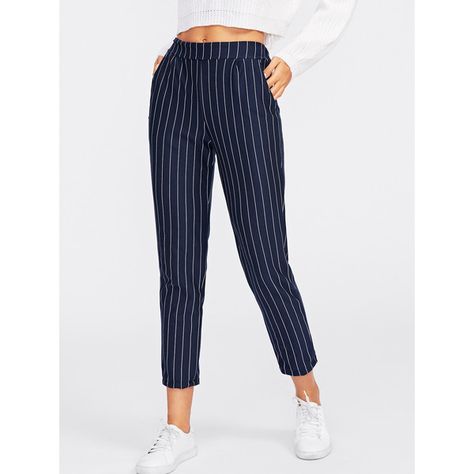 Pinstriped Capri Pants featuring polyvore, women's fashion, clothing, pants, capris, navy, navy capris, navy blue pants, striped pants, stretch pants and stripe pants Capri Dress Pants Outfit, Grease Fashion, Dress Pants Outfit, Capri Dress, Dress Pants Outfits, Striped Trousers, Capri Trousers, Thermal Pants, Professional Outfits Women