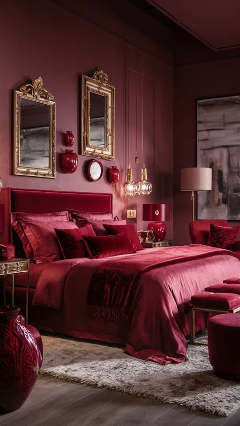 Romantic Bedroom Ideas For Women, Red Floral Bedding, Cherry Red Room Aesthetic, White And Red Room Aesthetic, Dark Feminine Bedroom Aesthetic, Red And Gold Bedroom Ideas, Colorful Master Bedrooms Decor, Red Velvet Room, Red Bedroom Decor Ideas