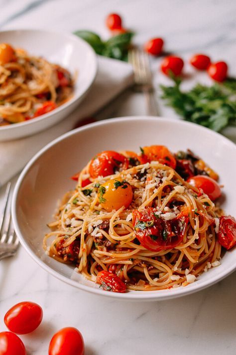 Roasted Cherry Tomato Pasta, Pasta Mexicana, Pasta Puttanesca Recipe, Roasted Tomato Pasta, Puttanesca Sauce, Pasta Puttanesca, Woks Of Life, The Woks Of Life, Cherry Tomato Pasta