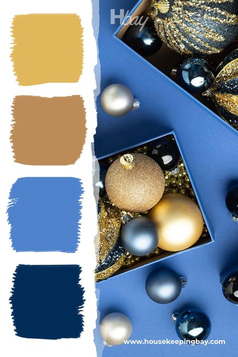 Blue And Gold Christmas Color Palette Blue And Gold Color Pallete, Blue Rust Gold Color Palette, Gold Pallette Colour Palettes, Midnight Blue And Gold Color Palette, Gold And Blue Color Scheme, Blue And Yellow Christmas Decor, Color Combination With Gold, Blue Christmas Palette, What Colors Go With Gold