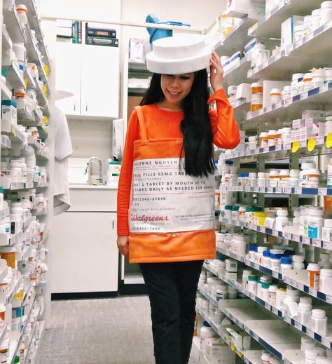 Pill Costume, Prescription Bottle Costume, Pill Bottle Costume, Pharmacy Costume Ideas, Halloween Costumes For Medical Field, Bottle Costume, Nurse Halloween Costumes For Work, Pharmacy Pumpkin Decorating, Pill Bottle Costume Diy