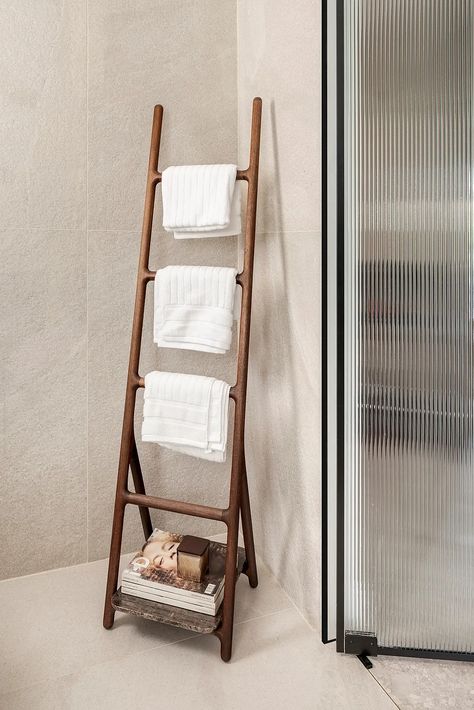 The Great Unit Apartment by K.O.T Architects | HomeAdore Wood Ladder Decor, Small Bathroom Shelves, Muslim Prayer Room Ideas, Bathroom Ladder, Modernist Home, Modern Bathroom Accessories, Rustic Ladder, Towel Ladder, Bathroom Inspiration Modern