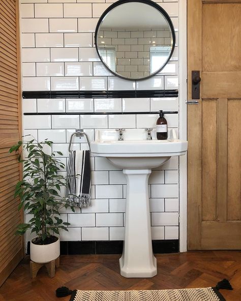 Bathroom 1930s House, White Tile Black Grout Bathroom, White Tile Black Grout, Black Grout Bathroom, 1930’s Bathroom, 1930s Bathroom Ideas, 1930 Bathroom, Black Bathroom Floor Tiles, Black And White Floor Tile