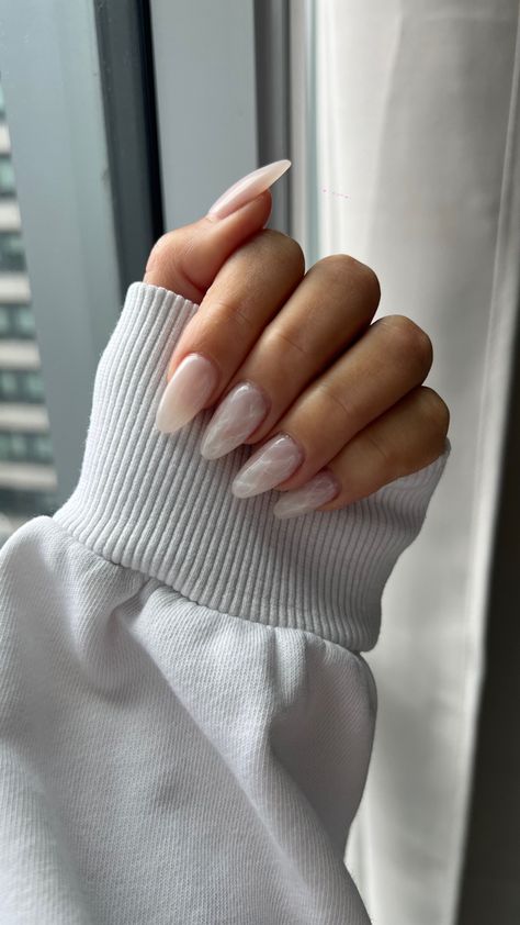 Milky White Gel Nails Almond, Milky White Chrome Nails Almond, Shimmery White Almond Nails, Creamy White Chrome Nails, White Pearl Chrome Almond Nails, White Marble Nails, Natural Fake Nails, Press On Nails Almond, White Chrome Nails