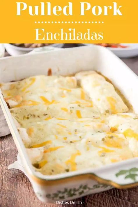 Pulled pork enchiladas are so easy! You use leftover pulled pork. I use two sauces on it but you can use one! The pulled pork is so incredibly tasty and succulent! #pulledpork #enchiladas #mexicanfood #dishesdelish Pulled Pork Using Pork Chops, Leftover Pork Loin Enchiladas, Leftover Pulled Pork Recipes Enchiladas, Enchiladas Pork Easy, Shred Pork Recipes, Things To Do With Leftover Pulled Pork, Shredded Pork Enchiladas Easy, Leftover Pulled Pork Enchiladas, Leftover Pork Enchiladas