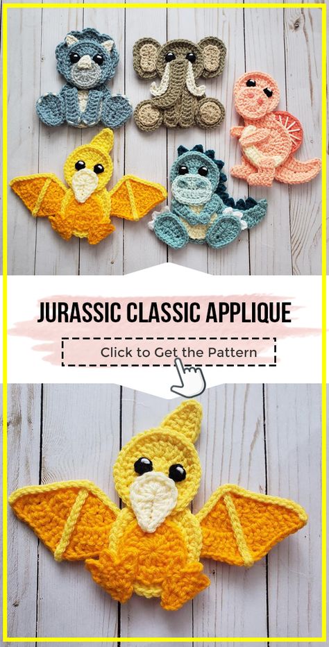 crochet Crochet Jurassic Classic Applique easy pattern - Easy Crochet Applique Pattern for Beginners. Click to Try the Pattern #Applique  #crochetpattern #crochet via @shareapattern.com Leg Warmers Crochet Pattern, Yarn Crafts For Kids, Crochet Dinosaur Patterns, Crochet Applique Patterns Free, Butterfly Tutorial, Crochet Leg Warmers, Crochet Flowers Easy, Crochet Dinosaur, Crochet Butterfly