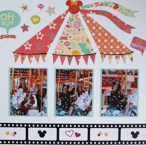 Disney Carousel Scrapbooking Layout Carousel Scrapbook Layout, Carnival Scrapbook Layouts, Fair Scrapbook Pages, Theme Park Scrapbook Layouts, Circus Scrapbooking Layouts, Disneyland Scrapbook Ideas, Amusement Park Scrapbook Layouts, Magic Kingdom Scrapbook Layouts, Disney World Scrapbook Layouts