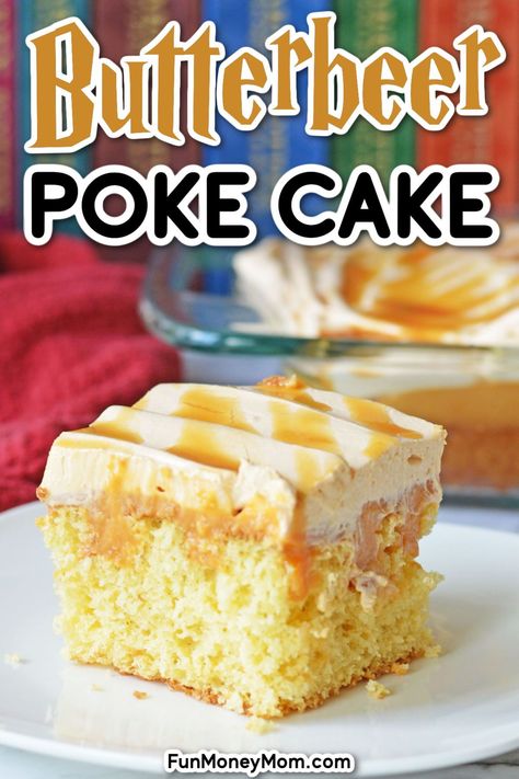 This Butterbeer Poke Cake Recipe is moist, delicious and loaded with butterscotch flavor. It makes a great Harry Potter cake for parties or movie nights (or just a fun decadent dessert for the family) Coffee Poke Cake Recipes, Butter Beer Cheesecake, Halloween Poke Cake, Butterbeer Cake Recipe, Peanut Butter Poke Cake, Butterbeer Cake, Butterscotch Desserts, Harry Potter Desserts, Poke Cake Recipe