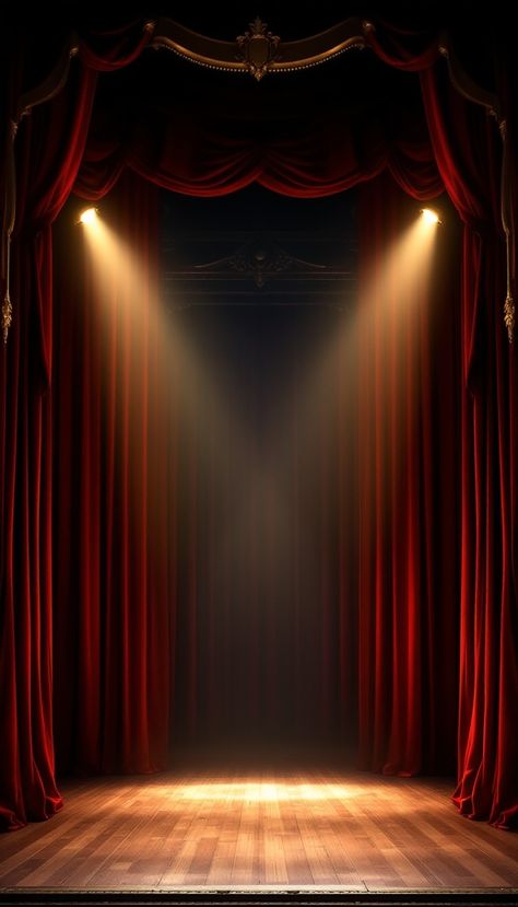 #Stage Awaits #Performance: Dramatic #spotlights illuminate the polished wooden stage while rich red #curtains frame the theatrical space in mystery. #stage #curtains #spotlight #theater #performance #aiart #aiphoto #stockcake ⬇️ Download and 📝 Prompt 👉 https://stockcake.com/i/stage-awaits-performance_1494006_1166389 Romantic Set Design, Stage With Curtains, Theatre Background, Theatre Spotlight, 1920s Lighting, Theater Curtains, Theater Spotlight, Drowsy Chaperone, Theatre Aesthetic