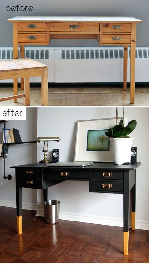 DIY - Painted Desk with bottom 8" of the legs not painted. Love the look. Full Tutorial. Also a good "no-sanding" painting tut found here: http://pinterest.com/pin/263601384409225217/ Revamp Furniture, Painted Desk, Desk Makeover, Desk Ideas, Furniture Renovation, Diy Desk, Retro Furniture, Refurbished Furniture, White Furniture