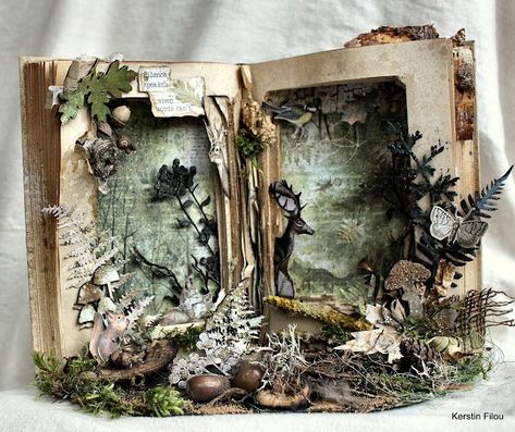 Scrapbook Dreams: Altered Book - In the Forest Hollow Book Ideas, Altered Books Ideas, Book Diorama, Paper Diorama, Steampunk Mixed Media Art, Dark Cottagecore Decor, Assemblage Art Mixed Media, Book Art Sculptures, Book Painting