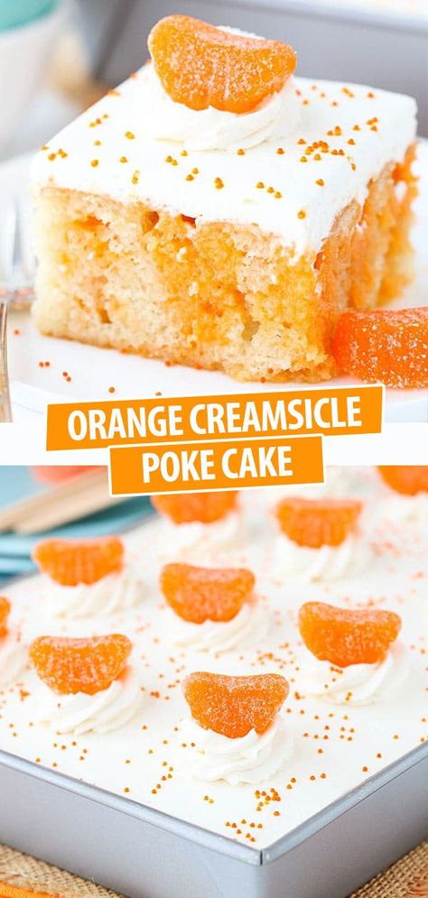 This Orange Creamsicle Poke Cake is made with a homemade vanilla cake that’s soaked with a mix of sweetened condensed milk and orange Jello powder. It’s topped with vanilla whipped cream for the perfect orange creamsicle cake recipe! Creamsicle Poke Cake, Orange Creamsicle Cake Recipe, Creamsicle Cake, Homemade Vanilla Cake, Cake Orange, Orange Jello, Weight Watcher Desserts, Orange Cake Recipe, Dump Cakes