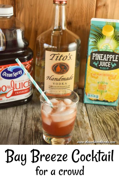 Bay Breeze Cocktail Recipe - These Old Cookbooks Cranberry Juice Pineapple Juice, Titos Vodka Recipes, Bay Breeze Cocktail, Vodka Drinks Easy, Vodka Cranberry Cocktail, Everyday Drinks, Vodka Recipes Drinks, Juice Pineapple, Summer Vodka Cocktails