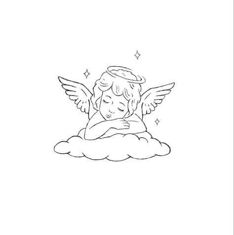 Angel tattoo design cherub tat sticker tattoo line tattoo dainty girly Angel And Clouds Tattoo, Angel Drawing Tattoo, Angel And Flowers Tattoo, Angel Tattoo Designs Simple, Angle On Cloud Tattoo, Cherub Cloud Tattoo, Cloud Angel Tattoo, Angel Tats, Angel On A Cloud Tattoo