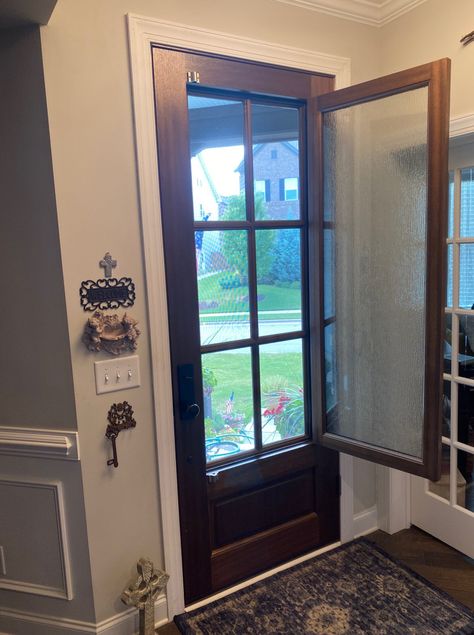 Exterior Door With Screened Window, Dutch Door Exterior Front Entry, Front Door With Ventilation, Screen Door For Double Front Doors, Door To Backyard From Kitchen, Patio Double French Doors, Dutch Front Door With Screen, Mudroom Exterior Door, Front Door With Opening Window