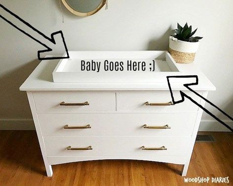 DIY Simple Vintage Inspired Dresser--Free Woodworking Plans #dresserwoodworkingplans Changing Table Tray, Dresser Woodworking Plans, Diy Changing Table, Changing Table Dresser, Wood Crafting Tools, Woodworking Logo, Woodworking For Kids, Diy Dresser, Woodworking Workbench