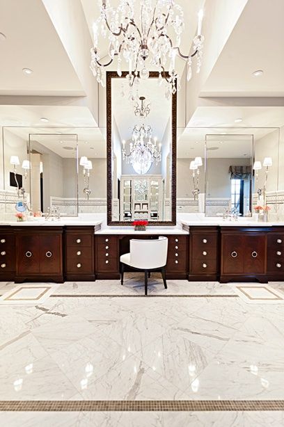 White Vanity Chair, Coffee Bathroom, Mirrored Cabinets, His And Hers Bathroom, Espresso Cabinets, Dream Bath, Great Bathrooms, Marble Tile Floor, Beautiful Cabinet