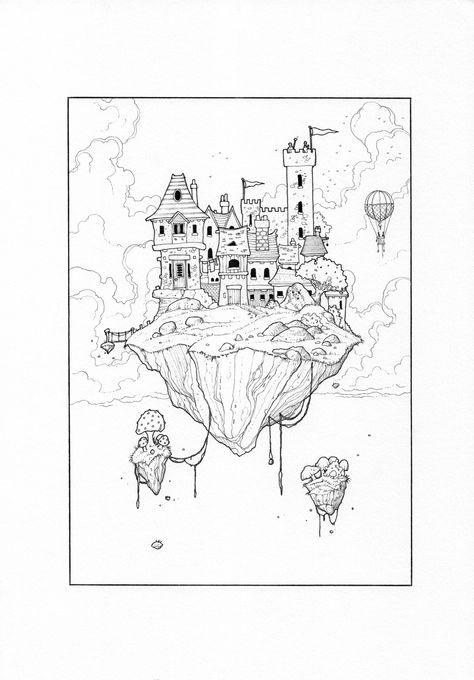 Floating Castle Drawing, Castle Drawing, Floating Island, Pen Art Drawings, Drawing Cartoon, Journal Themes, Tree Tattoo, Pen Art, Drawing Painting