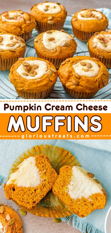 Here's an easy pumpkin muffin recipe to try! These Pumpkin Cream Cheese Muffins are perfectly moist pumpkin muffins filled with a creamy, luscious cream cheese filling and topped with pumpkin seeds. They make such great Fall treats! Weight Watchers Pumpkin Cream Cheese Muffins Recipes, Recipes Using 1 Cup Of Pumpkin, Pumpkin Puree Desserts, Melty Mashups, Holloween Desserts, Easy Pumpkin Muffin, Pumpkin Muffins With Cream Cheese, Cup Desserts, Moist Pumpkin Muffins