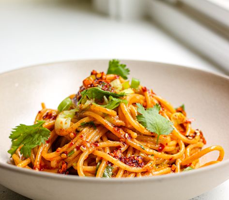 Butter Chili Crisp Garlic Pasta, Thai Italian Fusion, Creamy Chili Oil Pasta, Garlic Chili Pasta, Chili Crisp Pasta, Spicy Garlic Chili Oil Noodles, Garlic Chili Oil Noodles, Olive Platter, Chili Oil Noodles