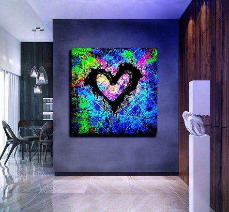 Uv Painting Canvas, Neon Abstract Painting, Colourful Wall Art, Neon Painting, Art Colourful, Heart Canvas, Canvas Wall Hanging, Extra Large Canvas, Canvas Painting Landscape