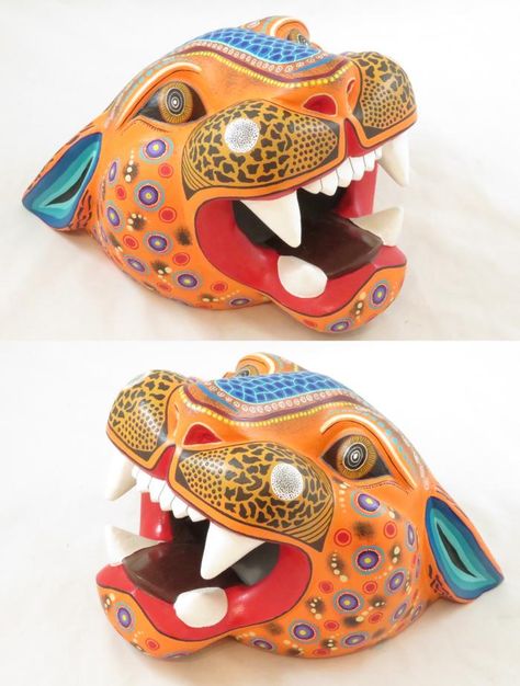 Tanner Chaney 		: Oaxacan Wood Carvings Agustin Cruz Tinoco Jaguar Masks C1235 Jaguar Mask, Mayan Jaguar, Aztec Mask Clay, Africa Decor, Oaxacan Animals, Oaxacan Wood Carvings, Oaxacan Animal Sculptures, Wood Carver, Tiger Art