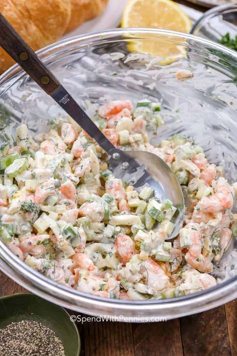 This delicious homemade shrimp salad is one of my go-to summer salad recipes. It's fresh, easy, and delicious! #spendwithpennies #shrimpsalad #salad #shrimp #shrimpsaladrecipe #shrimpsaladsandwich Cold Shrimp Salad Recipes, Shrimp Salad Sandwich, Seafood Tacos, Salad Shrimp, Warm Salad Recipes, Shrimp And Eggs, Sea Food Salad Recipes, Shrimp Avocado Salad, Shrimp Salad Recipes