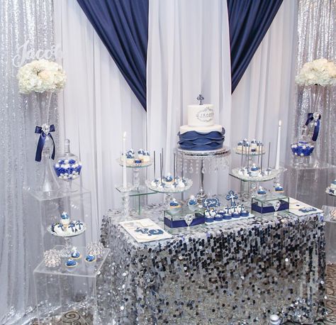 Jacob's First Holy Communion💙 cake and sweets by @sweet.littletreats photography by @emc_creatives #kidsparties #communions… Royal Blue Quince Dessert Table, Quince Main Table Ideas Navy Blue, Navy Blue And Silver Dessert Table, Navy And Silver Sweet 16, Quince Dessert Table Ideas Blue, Navy Blue Sweet 16 Candles, Balloon Table Centerpieces, Cinderella Sweet 16, First Holy Communion Cake