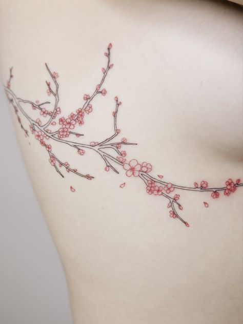 Cherry Blossom Line Tattoo, Cherry Blossom Underboob Tattoo, Cherry Blossom Tattoo Forearm, Cherry Blossom Tattoo Minimalist, Cheery Blossoms Tattoo, Cherry Blossom Spine Tattoo, Sakura Tattoo, Small Dragon Tattoos, Flower Tattoo Ideas