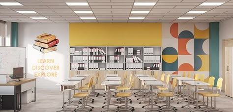 Elementary School Cafeteria Design, School Reception Design, High School Interior Design, Modern Classroom Design, School Classroom Design, Chair And Desk, School Reception, Cafeteria Design, Classroom Interior