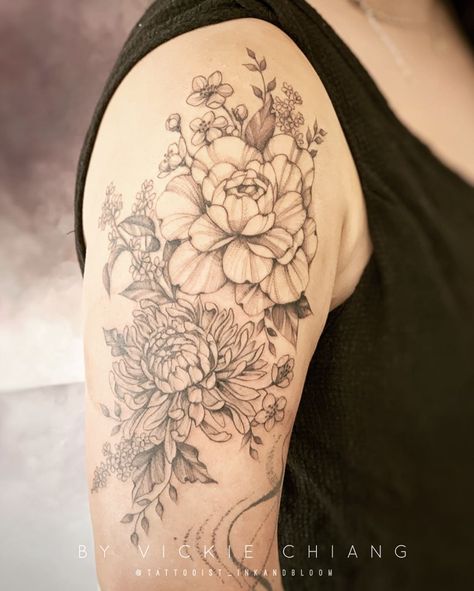 Vickie Chiang on Instagram: “Peony, Chrysanthemum, Plum Blossom, Osmamthus, and Pearl flower ♡  #peonytattoo #chrysanthemumtattoo #blossomtattoo #inked #tattoos…” Roses And Chrysanthemums Tattoo, Poppy Chrysanthemum Tattoo, Chrysanthemum Peony Tattoo, Rose Chrysanthemum Tattoo, Chrysanthemum Tattoo Meaning, Chrysanthemum And Peony Tattoo, Rose And Chrysanthemum Tattoo, Crisanthiums Flower Tattoo, Crysthanamum Tattoo