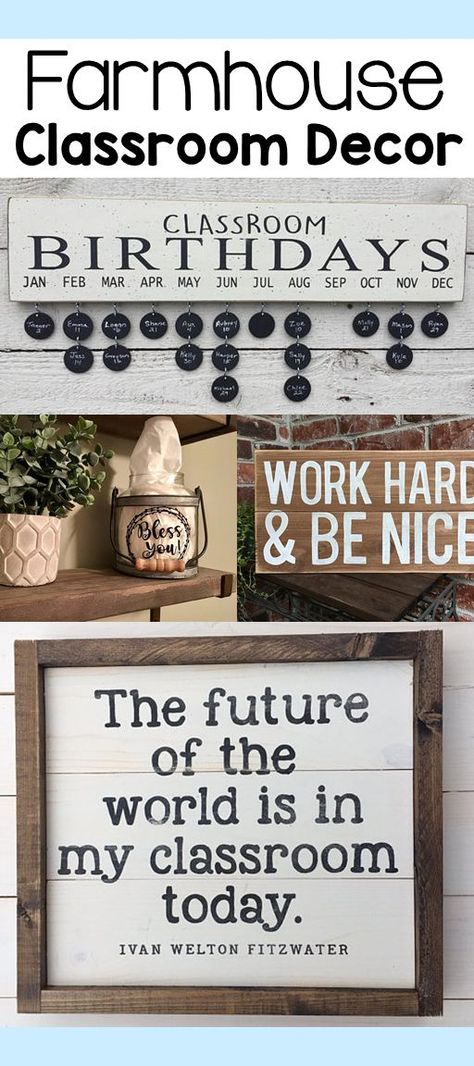 Farmhouse themed classrooms are peaceful and inviting. These accents are the perfect decoration ideas to add to your rustic farmhouse classroom. Rustic Classroom Decor, Farmhouse Classroom, Classroom Makeover, Classroom Birthday, Diy Farmhouse Table, High School Classroom, New Classroom, Classroom Door, Classroom Setup