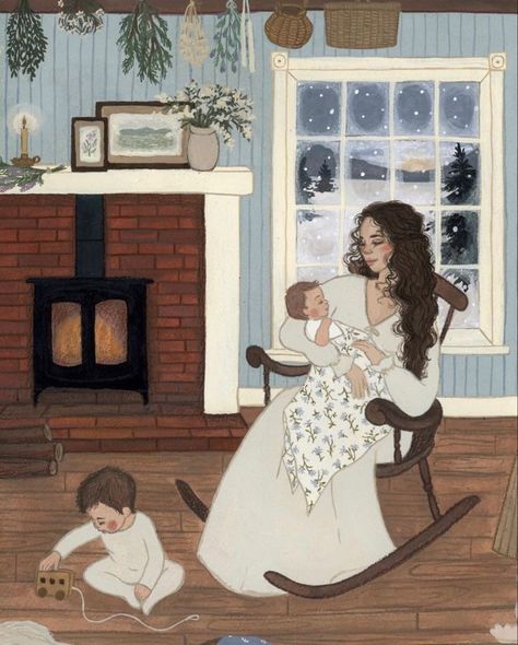 Motherhood Illustration, Happy Homemaking, Cozy Art, Storybook Art, Mother Art, Winter Illustration, Mom Art, Peaceful Life, Fairytale Art