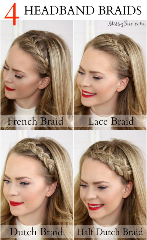 Four Headband Braids is a tutorial that will teach you how to do a French Braid Headband, Lace Braid Headband, Dutch Braid Headband, and Half Dutch Braid Headband. Headband Braids, French Braid Headband, No Heat Hairstyles, Hairstyle Tutorials, Penteado Cabelo Curto, Braided Headband, Great Hair, Hair Dos, Gorgeous Hair