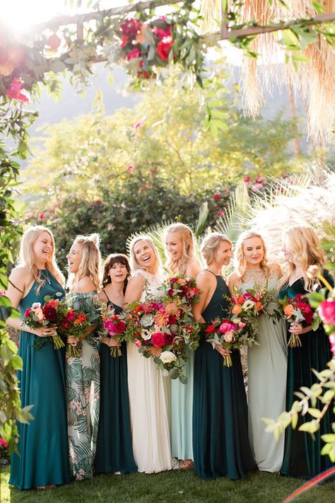 Green Bridesmaid Dress Pink Flowers, Teal Color Palette Wedding Bridesmaid Dresses, Jewel Green Bridesmaid Dresses, Dark Blue And Green Bridesmaid Dresses, Mismatched Teal Bridesmaid Dresses, Teal Fuschia Orange Wedding, Green Bridesmaid Dresses Colorful Flowers, Flowers For Green Bridesmaid Dress, Bright Flowers Wedding Bridesmaids