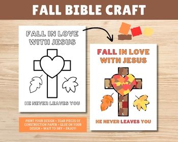 Fall in Love with Jesus Paper CraftA fun and easy fall craft for kidsMake the most of your fall with this fun and uplifting fall craft. Not only will your little ones have a blast creating their own fall masterpiece, but they will be reminded of God's word at the same time. This fall in love with Jesus craft is great for churches, schools, home, Sunday school, and anything in between. Create a craft and turn it into a keepsake for years to come!8.5 x 11 Fall Crafts For Sunday School Kids, Thanksgiving Craft For Sunday School, Fall In Love With Jesus Craft, Fall Christian Crafts For Kids, Sunday School Thanksgiving Lessons, Fall For Jesus He Never Leaves Craft, Christian Fall Crafts For Kids, Prayer Sandwich, Thanksgiving Bible Crafts