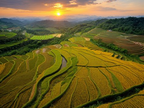 Discover Thailand's Beauty: Sunset over the Rice Paddies of Northern Thailand Inspiring Landscapes, Rice Paddies, Northern Thailand, Awe Inspiring, Thailand, Rice, Beauty