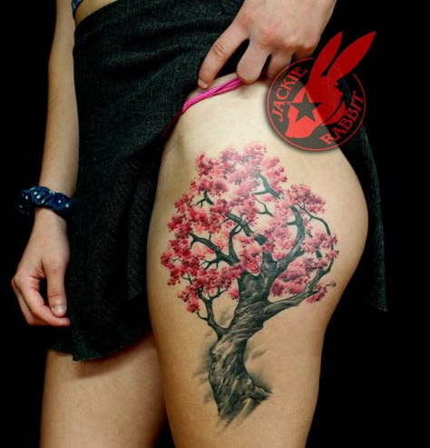 Cherry Blossom Tree Thigh Tattoo by Jackie Rabbit by jackierabbit12.deviantart.com on @DeviantArt Cherry Blossom Sleeve Tattoos For Women, Cherry Tree Tattoo Design, Cherry Blossom Leg Tattoo, Tree Thigh Tattoo, Infinity Tat, Skin Artwork, Jade Tattoo, Cherry Tree Tattoos, Bubble Tattoo