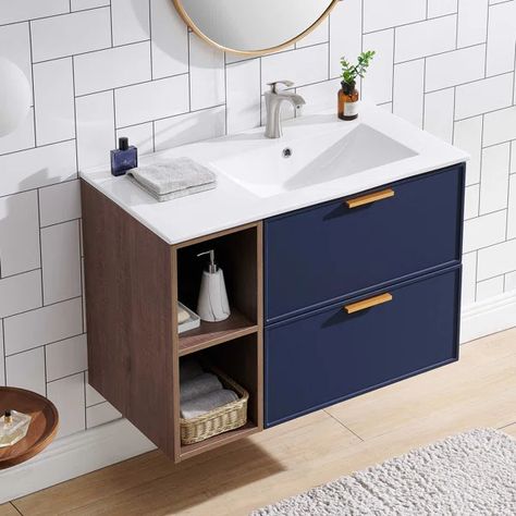 36'' Single Bathroom Vanity with Ceramic Top Blue Bathroom Cabinets, Sophisticated Bathroom, Wood Ceramic, Porcelain Sink, Sink Cabinet, Daily Cleaning, Blue Bathroom, Modern Bathroom Vanity, Bathroom Vanity Set