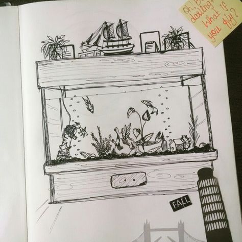 Aquarium. #art #illustration #artjournal Aquarium Drawing Illustration, Aquarium Animals Drawing, Aquarium Illustration Art, Fish Tank Sketch, Aquarium Design Drawing, How To Draw Aquarium, Fish Aquarium Drawing, Aquarium Sketch, Fish Tank Drawing