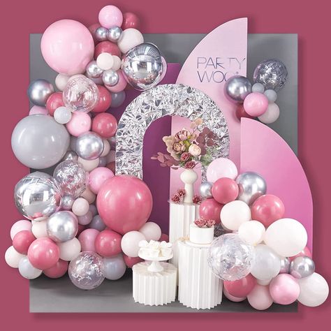 Peach Balloon Arch, Pink And Silver Balloons, Birthday Decoration For Kids, 21st Birthday Party Decor, Pink Birthday Decorations, Pink Balloon Garland, Pink Winter Wonderland, Bridal Shower Decoration, Glitter Balloons