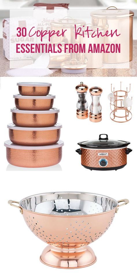 30 Copper Kitchen Essentials from Amazon - Happily Ever After, Etc. #copper #rosegold #kitchendecor Copper And Silver Kitchen, White Copper Kitchen, Copper Decor Kitchen, Copper And Brass Kitchen, Navy Blue And Copper Kitchen, Copper Kitchen Accents Decor, White Kitchen With Copper Accents, Copper Black Kitchen, Black And Copper Living Room